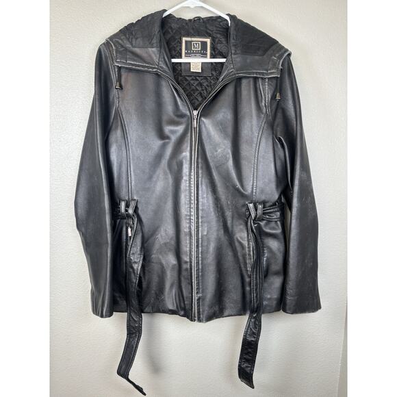 Maurices Jackets & Blazers - Vintage Maurice’s Women’s Leather‎ Jacket Size Large Black Hooded Waist Belt Y2K